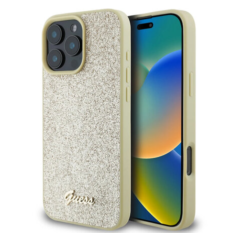 Guess Guess iPhone 16 Pro Max Back cover coque - Fixed Glitter - Script Metal Logo - Or Guess Guess iPhone 16 Pro Max Back cover coque - Fixed Glitter - Script Metal Logo - Or