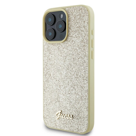 Guess Guess iPhone 16 Pro Max Back-Cover hul - Fixed Glitter - Script Metal Logo - Gold Guess Guess iPhone 16 Pro Max Back-Cover hul - Fixed Glitter - Script Metal Logo - Gold