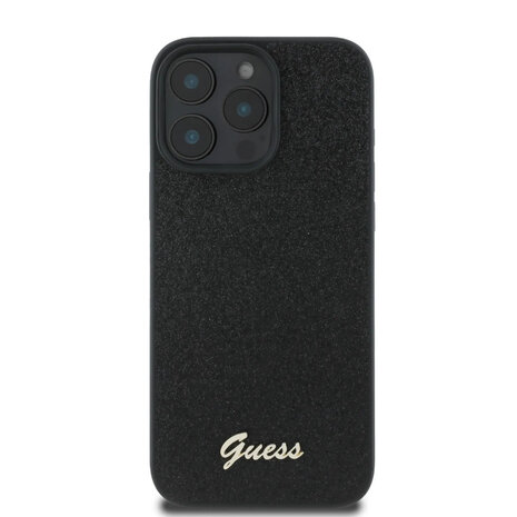Guess Guess iPhone 16 Pro Back-Cover hul - Fixed Glitter - Script Metal Logo - Schwarz Guess Guess iPhone 16 Pro Back-Cover hul - Fixed Glitter - Script Metal Logo - Schwarz