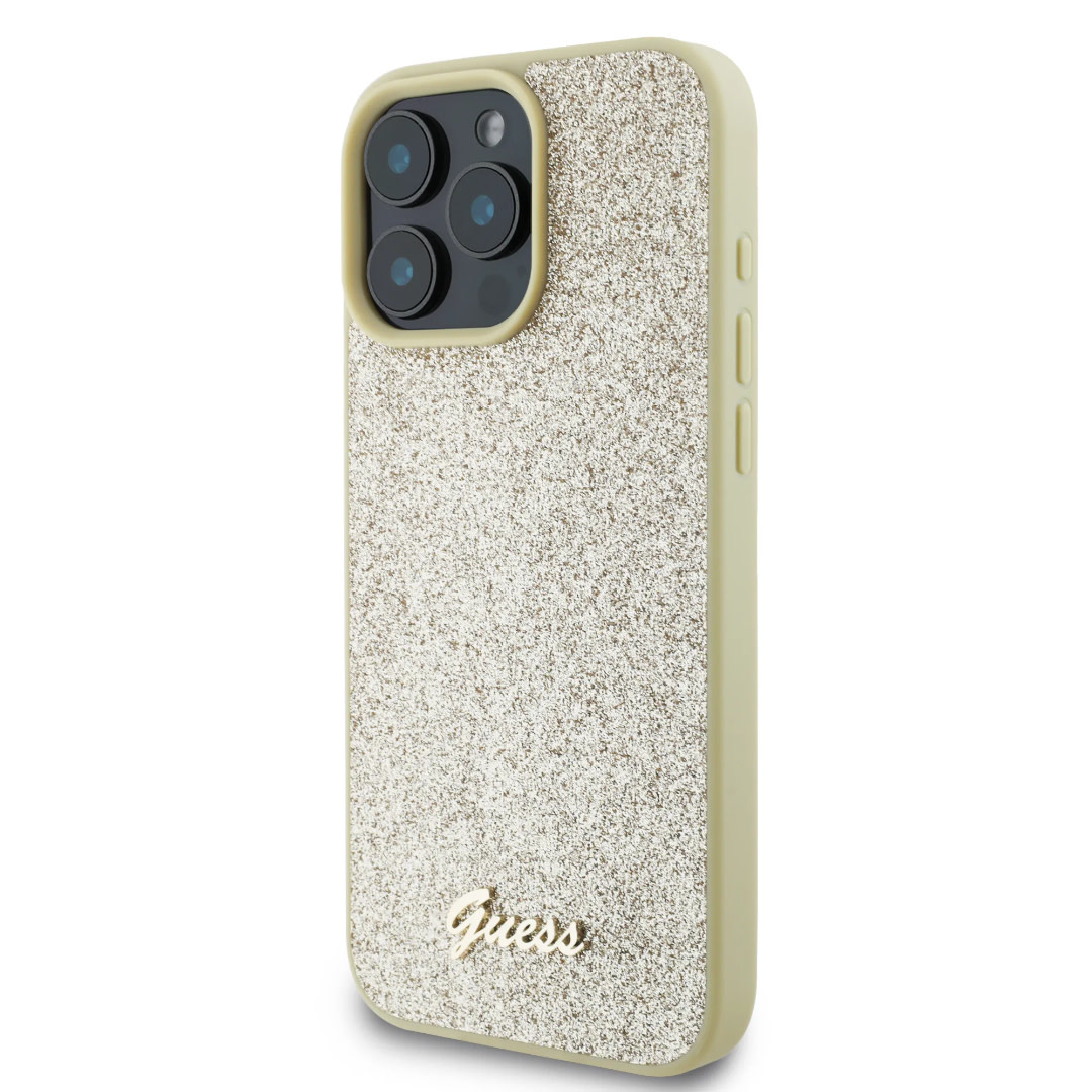 Guess Guess iPhone 16 Pro Backcover hoesje - Fixed Glitter - Script Metal Logo - Goud, foto 2 van 6