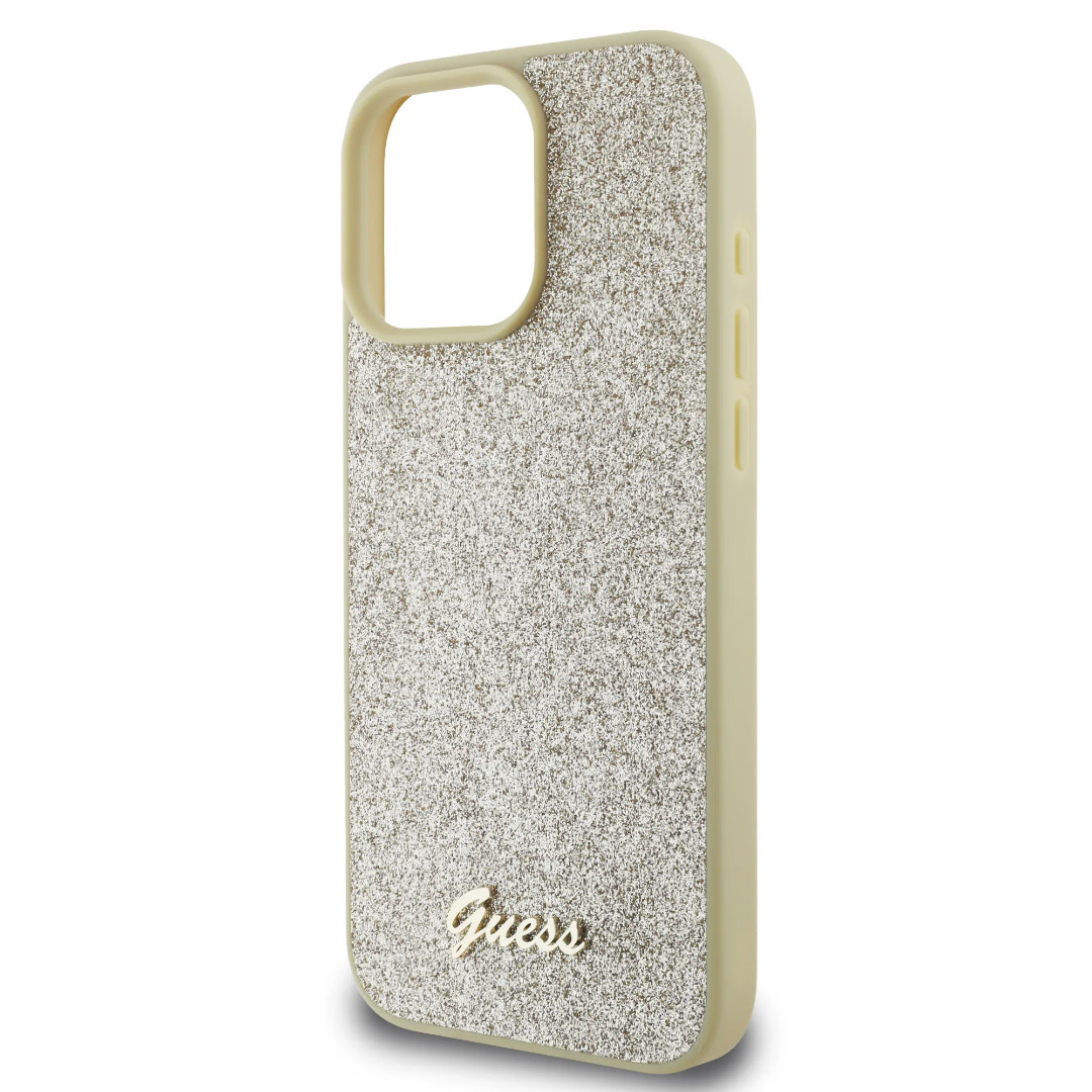 Guess Guess iPhone 16 Pro Backcover hoesje - Fixed Glitter - Script Metal Logo - Goud, foto 5 van 6