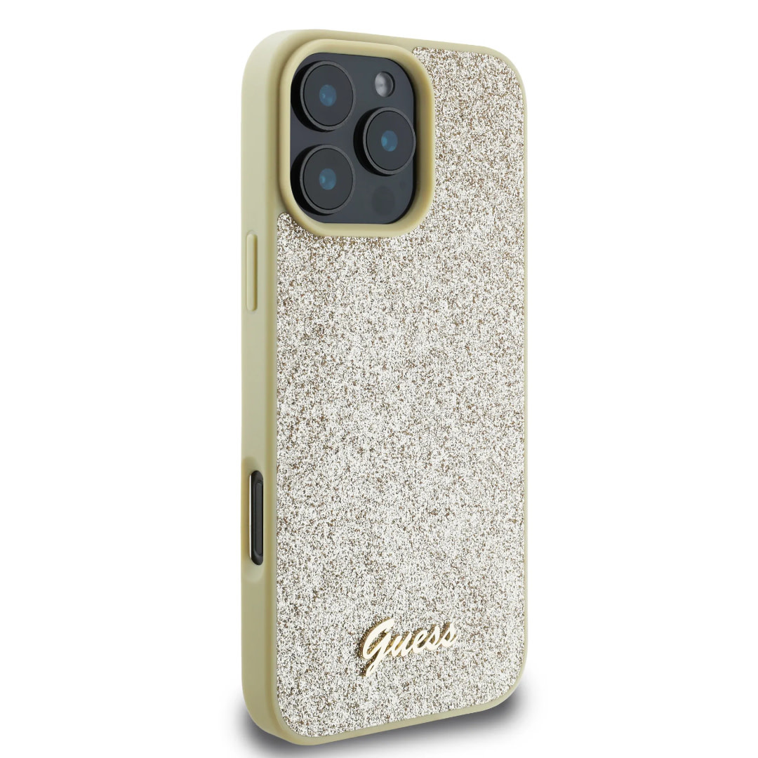 Guess Guess iPhone 16 Pro Backcover hoesje - Fixed Glitter - Script Metal Logo - Goud, foto 4 van 6