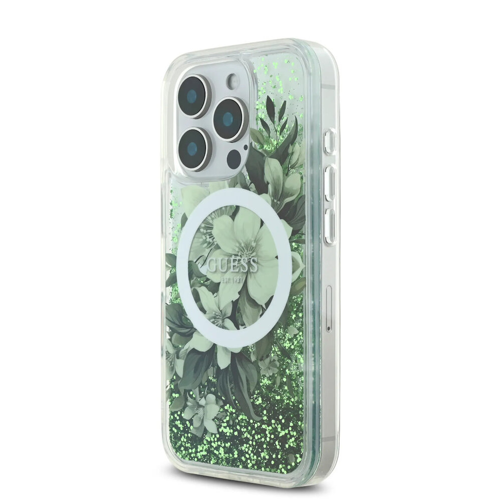 Guess Guess iPhone 16 Pro Max Back-Cover hul - Magsafe - Liquid Glitter Flower Design - Grün Guess Guess iPhone 16 Pro Max Back-Cover hul - Magsafe - Liquid Glitter Flower Design - Grün