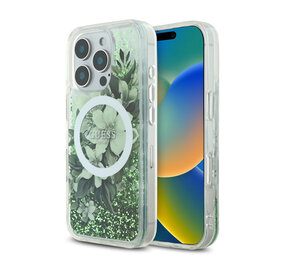 Guess Guess iPhone 16 Pro Back cover case - Magsafe - Liquid Glitter Flower Design - Green Guess Guess iPhone 16 Pro Back cover case - Magsafe - Liquid Glitter Flower Design - Green