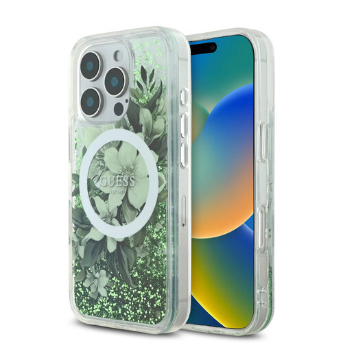 Guess Guess iPhone 16 Pro Back cover case - Magsafe - Liquid Glitter Flower Design - Green