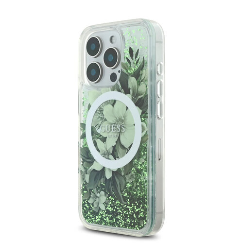 Guess Guess iPhone 16 Pro Back cover case - Magsafe - Liquid Glitter Flower Design - Green