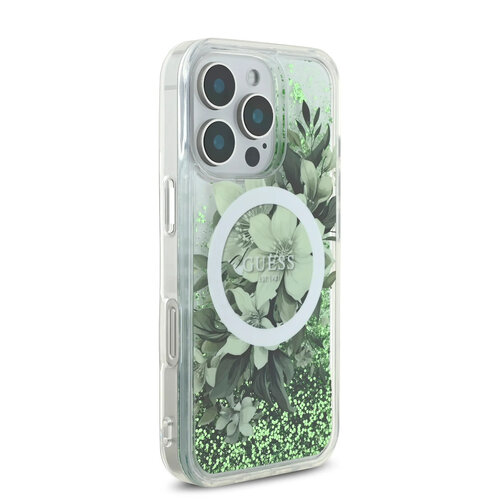 Guess Guess iPhone 16 Pro Back cover case - Magsafe - Liquid Glitter Flower Design - Green