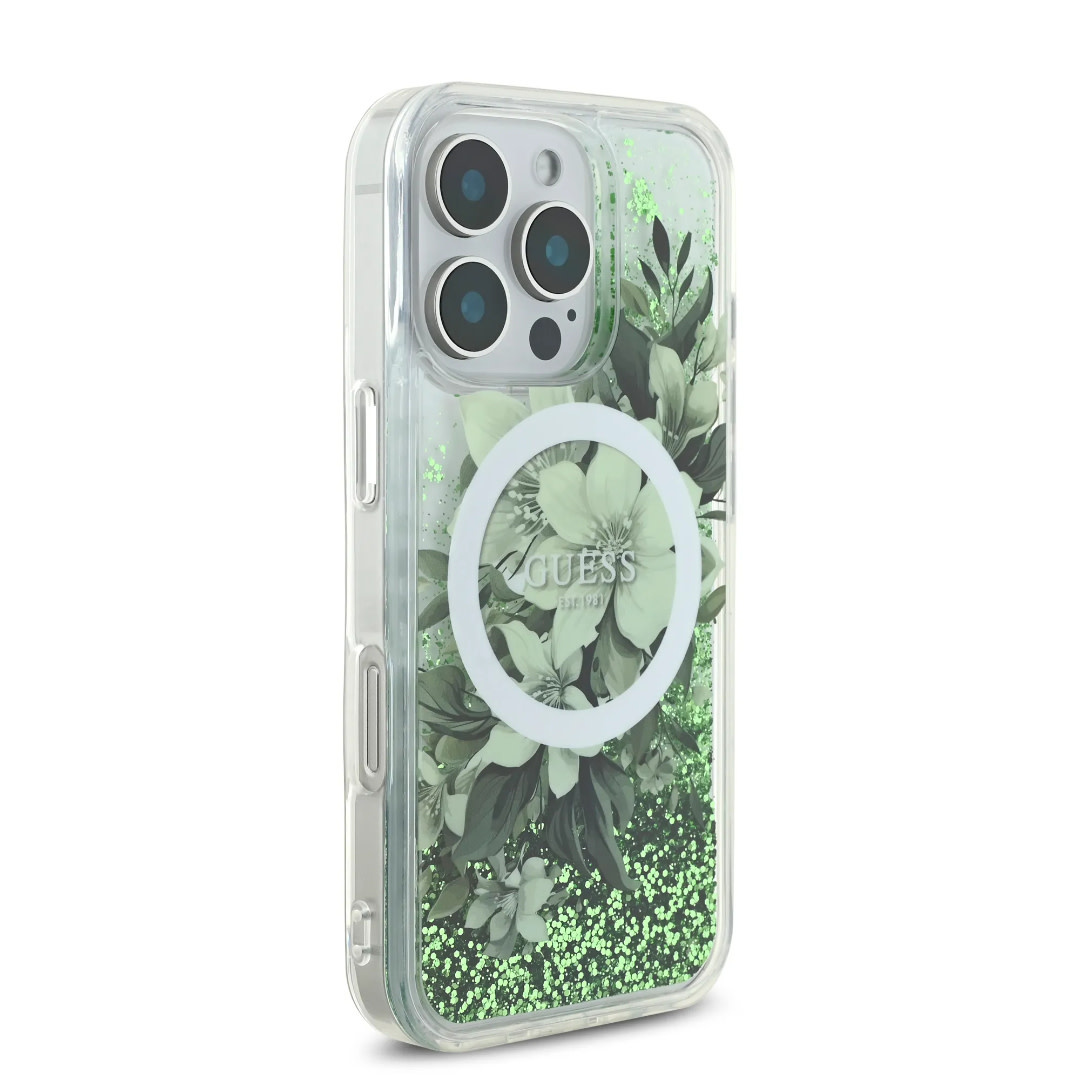 Guess Guess iPhone 16 Pro Backcover hoesje - Magsafe - Liquid Glitter Flower Design - Groen, foto 4 van 6