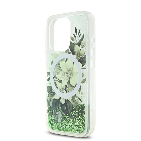 Guess Guess iPhone 16 Pro Back cover case - Magsafe - Liquid Glitter Flower Design - Green Guess Guess iPhone 16 Pro Back cover case - Magsafe - Liquid Glitter Flower Design - Green