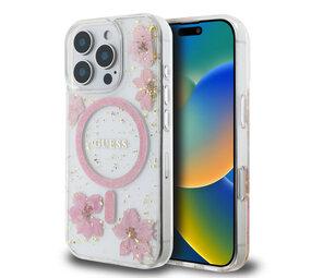 Guess Guess iPhone 16 Pro Max Back cover case - Magsafe - Resin Flowers Design - Pink Guess Guess iPhone 16 Pro Max Back cover case - Magsafe - Resin Flowers Design - Pink