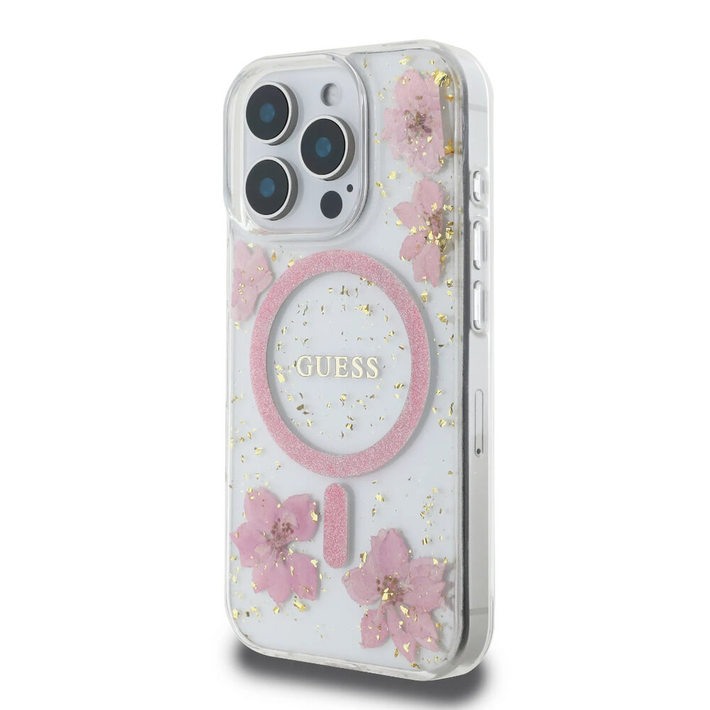 Guess Guess iPhone 16 Pro Max Back cover case - Magsafe - Resin Flowers Design - Pink Guess Guess iPhone 16 Pro Max Back cover case - Magsafe - Resin Flowers Design - Pink