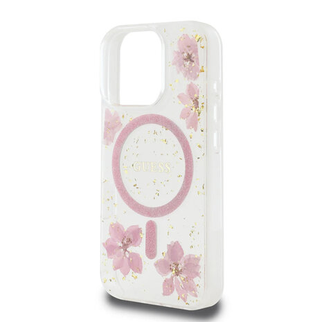 Guess Guess iPhone 16 Pro Max Back cover case - Magsafe - Resin Flowers Design - Pink Guess Guess iPhone 16 Pro Max Back cover case - Magsafe - Resin Flowers Design - Pink