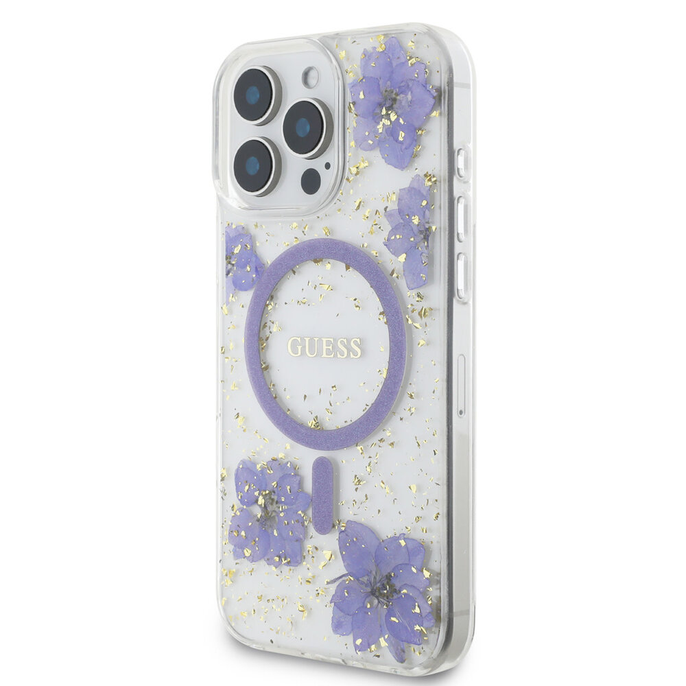Guess Guess iPhone 16 Pro Max Back cover coque - Magsafe - Resin Flowers Design - Violet Guess Guess iPhone 16 Pro Max Back cover coque - Magsafe - Resin Flowers Design - Violet