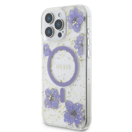 Guess Guess iPhone 16 Pro Max Back cover coque - Magsafe - Resin Flowers Design - Violet Guess Guess iPhone 16 Pro Max Back cover coque - Magsafe - Resin Flowers Design - Violet