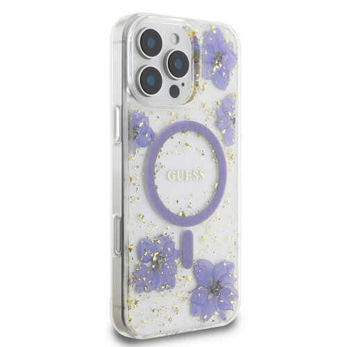 Guess Guess iPhone 16 Pro Max Back cover case - Magsafe - Resin Flowers Design - Purple