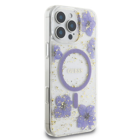 Guess Guess iPhone 16 Pro Max Back-Cover hul - Magsafe - Resin Flowers Design - Lila Guess Guess iPhone 16 Pro Max Back-Cover hul - Magsafe - Resin Flowers Design - Lila