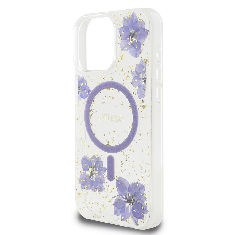 Guess Guess iPhone 16 Pro Max Back-Cover hul - Magsafe - Resin Flowers Design - Lila Guess Guess iPhone 16 Pro Max Back-Cover hul - Magsafe - Resin Flowers Design - Lila