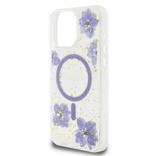 Guess Guess iPhone 16 Pro Max Back cover case - Magsafe - Resin Flowers Design - Purple