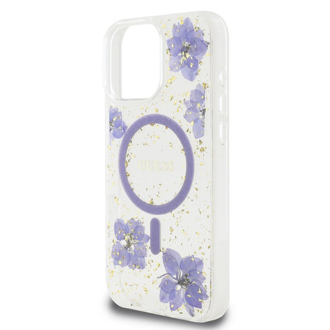 Guess Guess iPhone 16 Pro Max Back-Cover hul - Magsafe - Resin Flowers Design - Lila Guess Guess iPhone 16 Pro Max Back-Cover hul - Magsafe - Resin Flowers Design - Lila