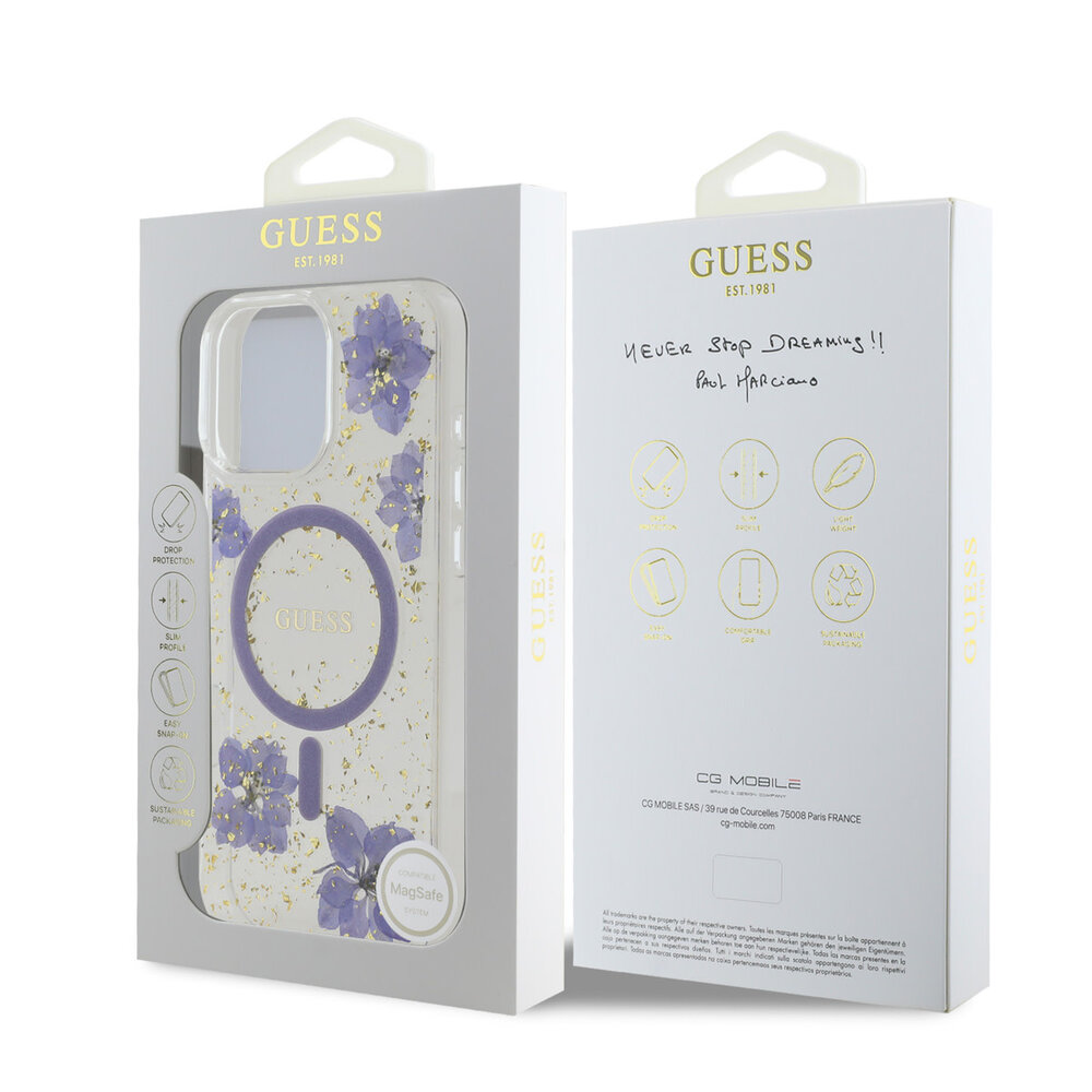 Guess Guess iPhone 16 Pro Max Back-Cover hul - Magsafe - Resin Flowers Design - Lila Guess Guess iPhone 16 Pro Max Back-Cover hul - Magsafe - Resin Flowers Design - Lila