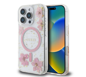 Guess Guess iPhone 16 Pro Backcover hoesje - Magsafe - Resin Flowers Design - Roze
