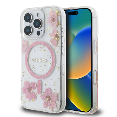 Guess Guess iPhone 16 Pro Backcover hoesje - Magsafe - Resin Flowers Design - Roze