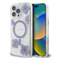 Guess iPhone 16 Pro Back cover case - Magsafe - Resin Flowers Design - Purple