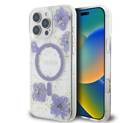 Guess Guess iPhone 16 Pro Back cover case - Magsafe - Resin Flowers Design - Purple Guess Guess iPhone 16 Pro Back cover case - Magsafe - Resin Flowers Design - Purple
