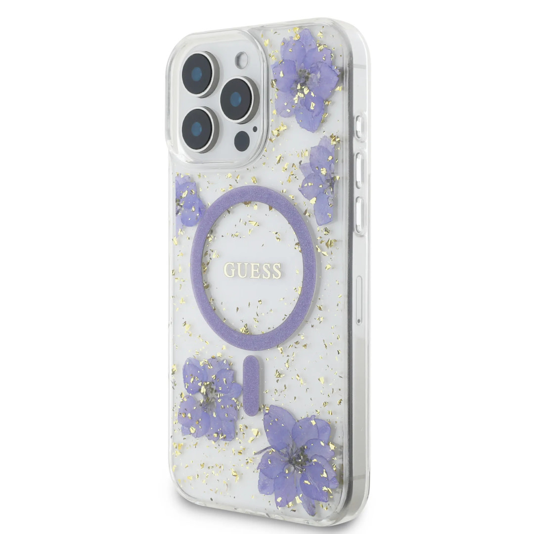 Guess Guess iPhone 16 Pro Backcover hoesje - Magsafe - Resin Flowers Design - Paars, foto 2 van 6