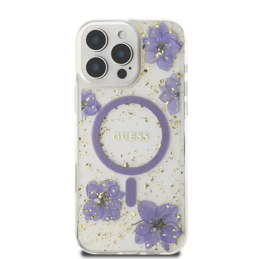 Guess Guess iPhone 16 Pro Backcover hoesje - Magsafe - Resin Flowers Design - Paars, foto 3 van 6