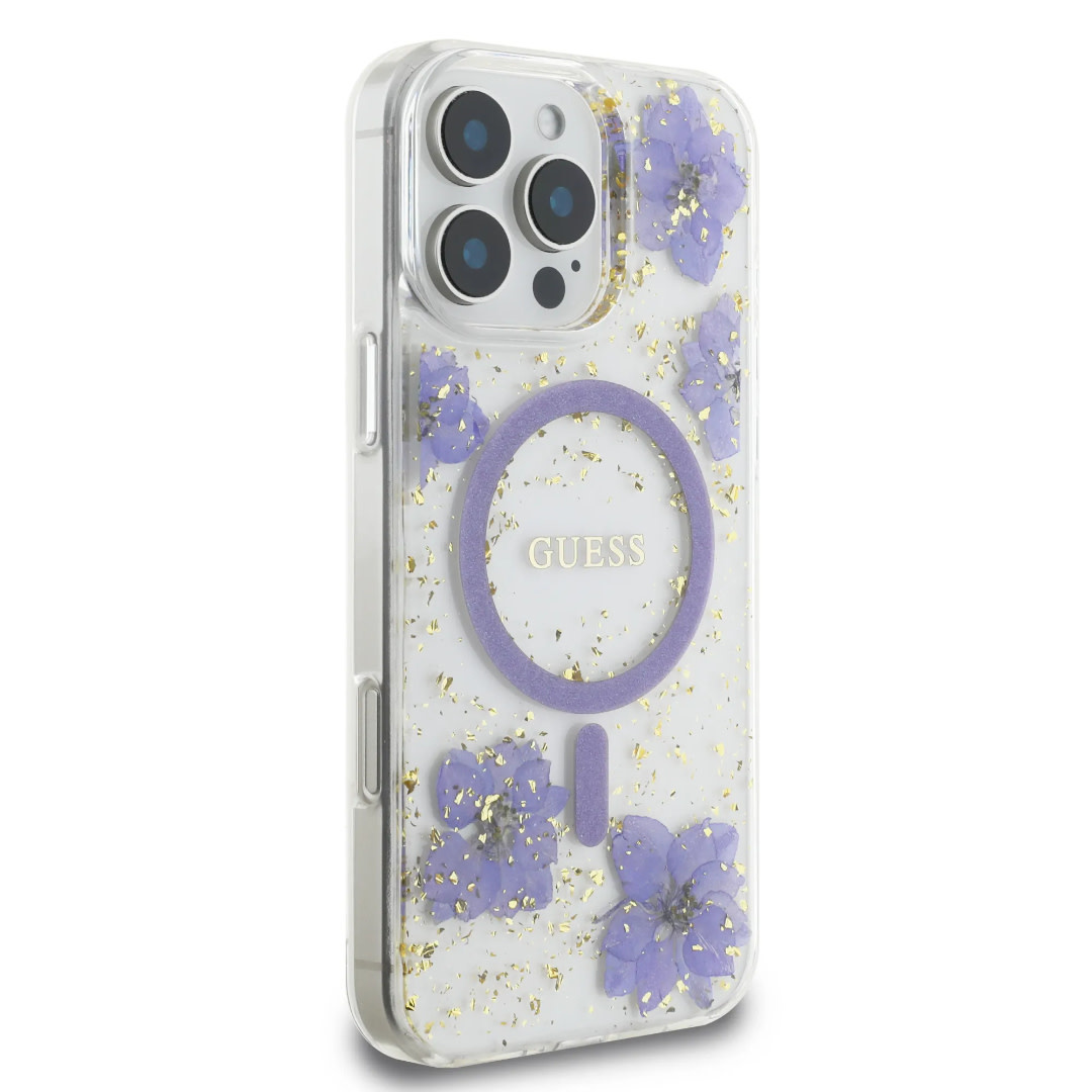 Guess Guess iPhone 16 Pro Backcover hoesje - Magsafe - Resin Flowers Design - Paars, foto 4 van 6