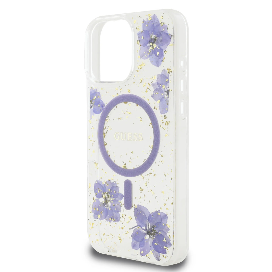 Guess Guess iPhone 16 Pro Backcover hoesje - Magsafe - Resin Flowers Design - Paars, foto 5 van 6