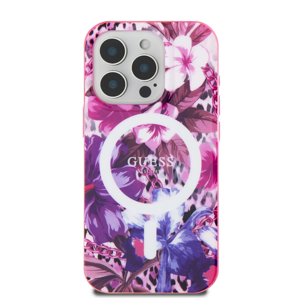 Guess Guess iPhone 16 Pro Backcover hoesje - Magsafe IML - Jungle Design - Paars Guess Guess iPhone 16 Pro Backcover hoesje - Magsafe IML - Jungle Design - Paars