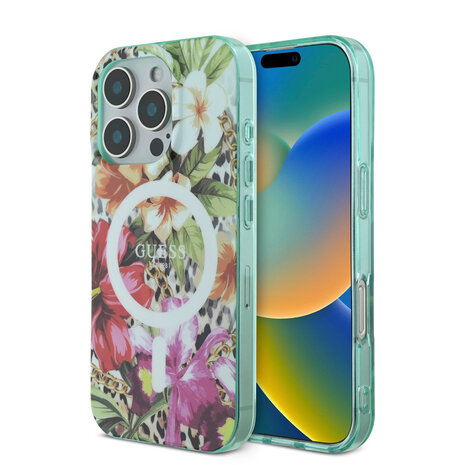 Guess Guess iPhone 16 Pro Back-Cover hul - Magsafe IML - Jungle Design - Orange Guess Guess iPhone 16 Pro Back-Cover hul - Magsafe IML - Jungle Design - Orange