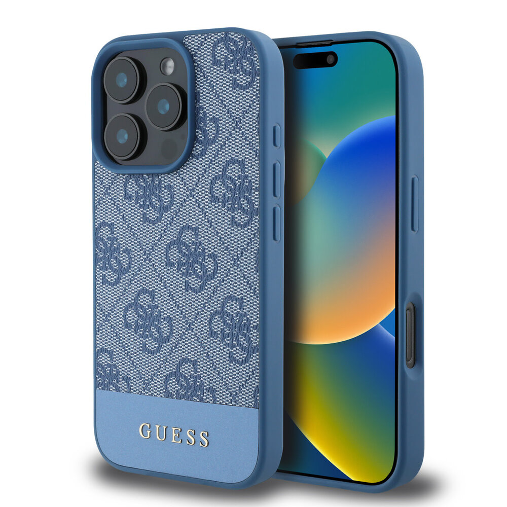 Guess Guess iPhone 16 Pro Max Back cover case - 4G PU Leather - Bottom Stripe - Blue Guess Guess iPhone 16 Pro Max Back cover case - 4G PU Leather - Bottom Stripe - Blue