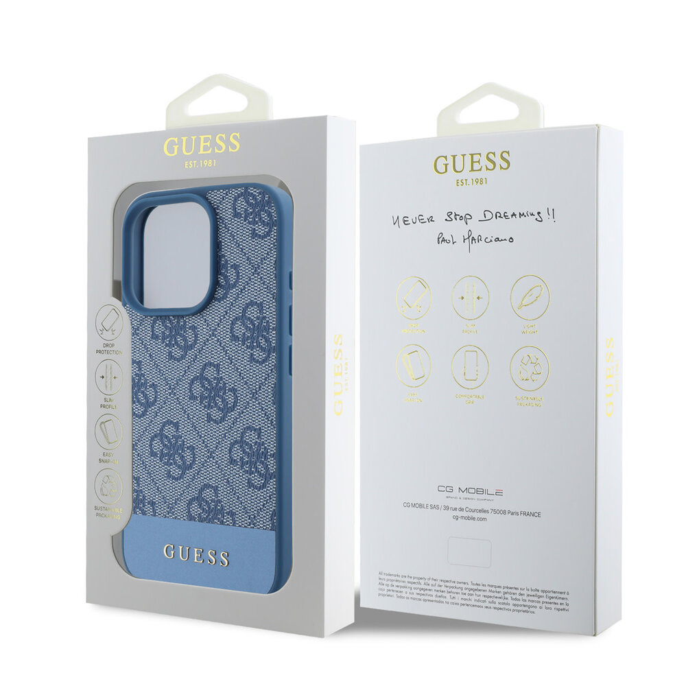 Guess Guess iPhone 16 Pro Max Back cover coque - 4G PU Leather - Bottom Stripe - Bleu Guess Guess iPhone 16 Pro Max Back cover coque - 4G PU Leather - Bottom Stripe - Bleu