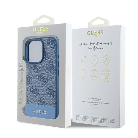 Guess Guess iPhone 16 Pro Back-Cover hul - 4G PU Leather - Bottom Stripe - Blau Guess Guess iPhone 16 Pro Back-Cover hul - 4G PU Leather - Bottom Stripe - Blau