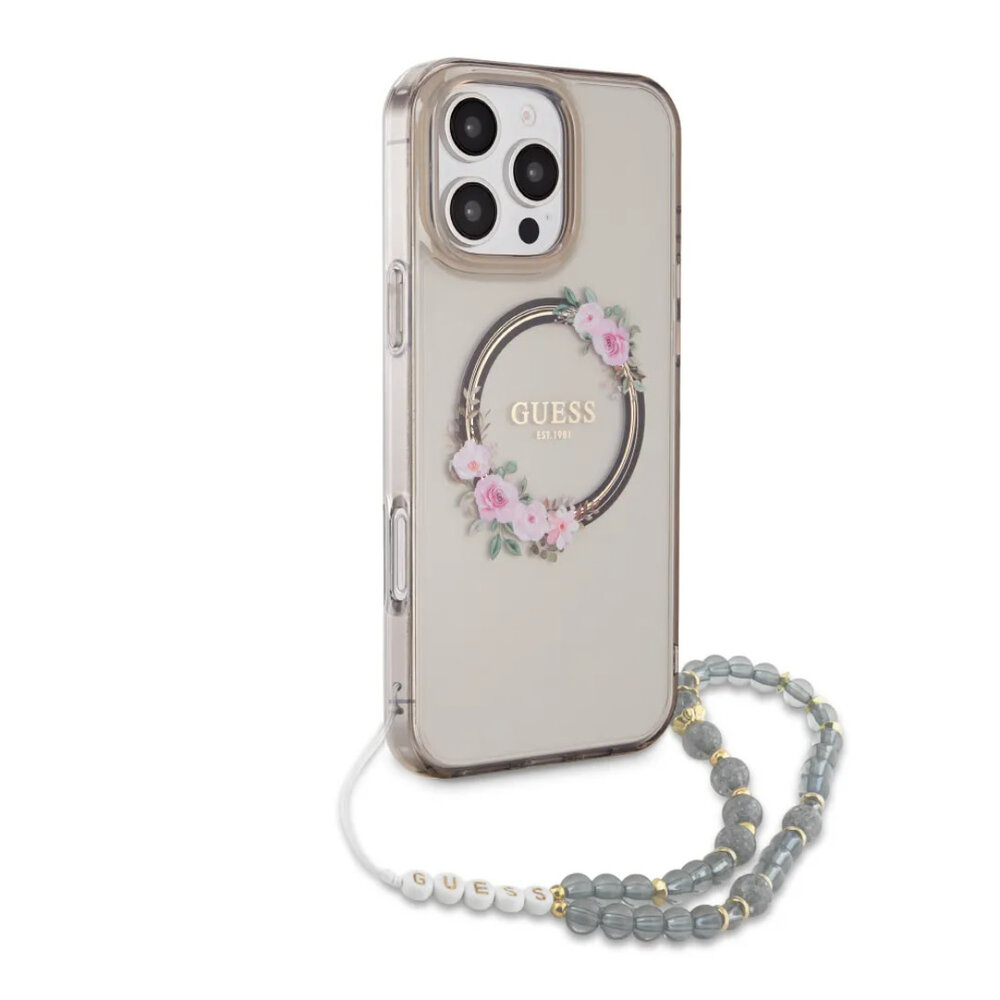 Guess Guess iPhone 16 Pro Max Back-Cover hul - Magsafe IML - Flower Wreath Design & Pearl Strap - Schwarz Guess Guess iPhone 16 Pro Max Back-Cover hul - Magsafe IML - Flower Wreath Design & Pearl Strap - Schwarz