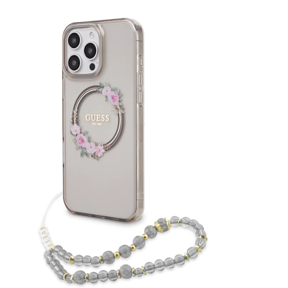 Guess Guess iPhone 16 Pro Max Back cover case - Magsafe IML - Flower Wreath Design & Pearl Strap - Black Guess Guess iPhone 16 Pro Max Back cover case - Magsafe IML - Flower Wreath Design & Pearl Strap - Black