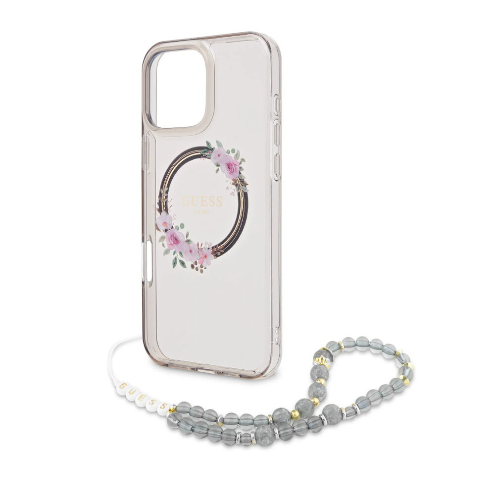 Guess Guess iPhone 16 Pro Max Back cover case - Magsafe IML - Flower Wreath Design & Pearl Strap - Black Guess Guess iPhone 16 Pro Max Back cover case - Magsafe IML - Flower Wreath Design & Pearl Strap - Black