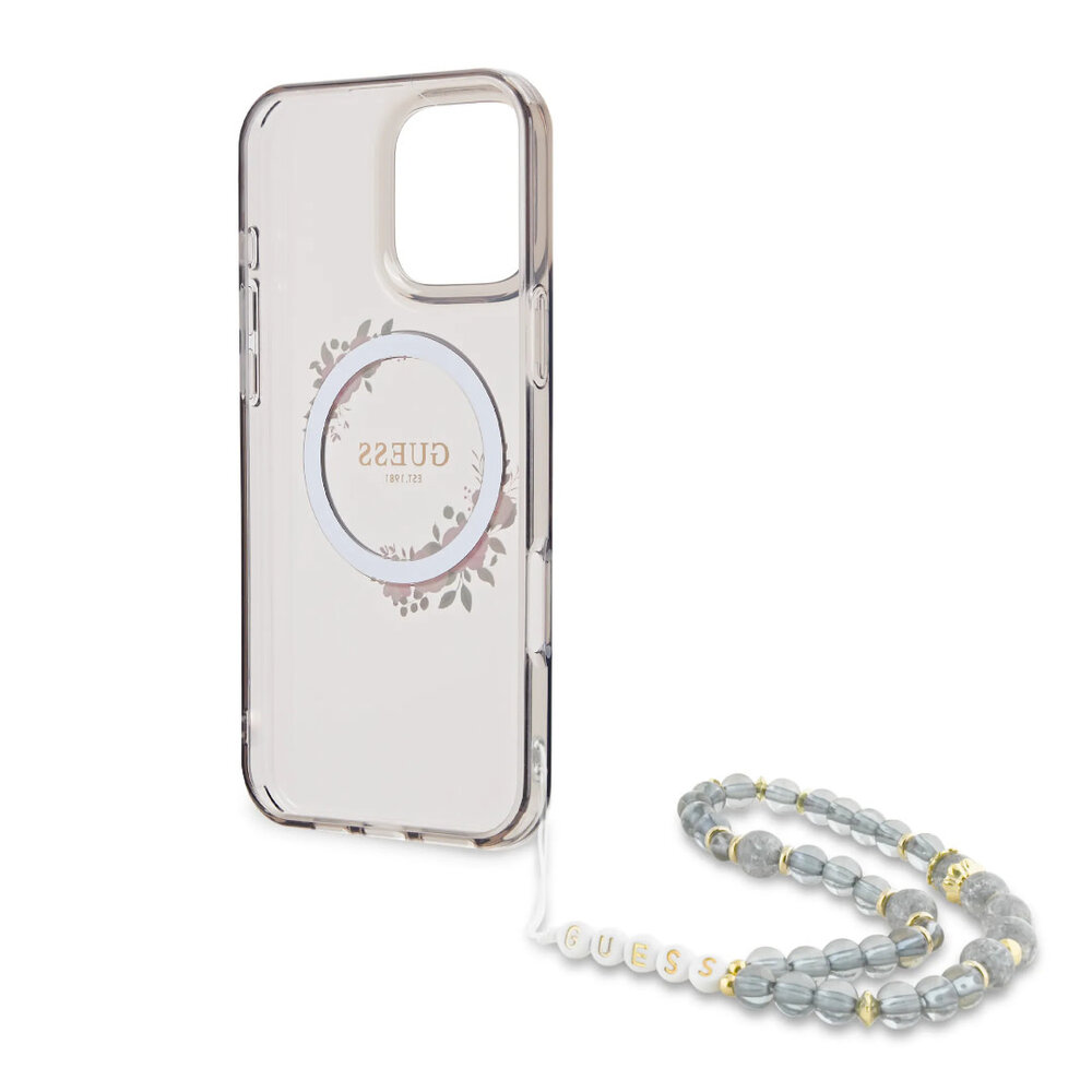 Guess Guess iPhone 16 Pro Max Back cover case - Magsafe IML - Flower Wreath Design & Pearl Strap - Black Guess Guess iPhone 16 Pro Max Back cover case - Magsafe IML - Flower Wreath Design & Pearl Strap - Black