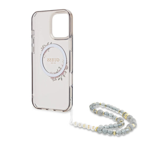 Guess Guess iPhone 16 Pro Max Back cover case - Magsafe IML - Flower Wreath Design & Pearl Strap - Black Guess Guess iPhone 16 Pro Max Back cover case - Magsafe IML - Flower Wreath Design & Pearl Strap - Black