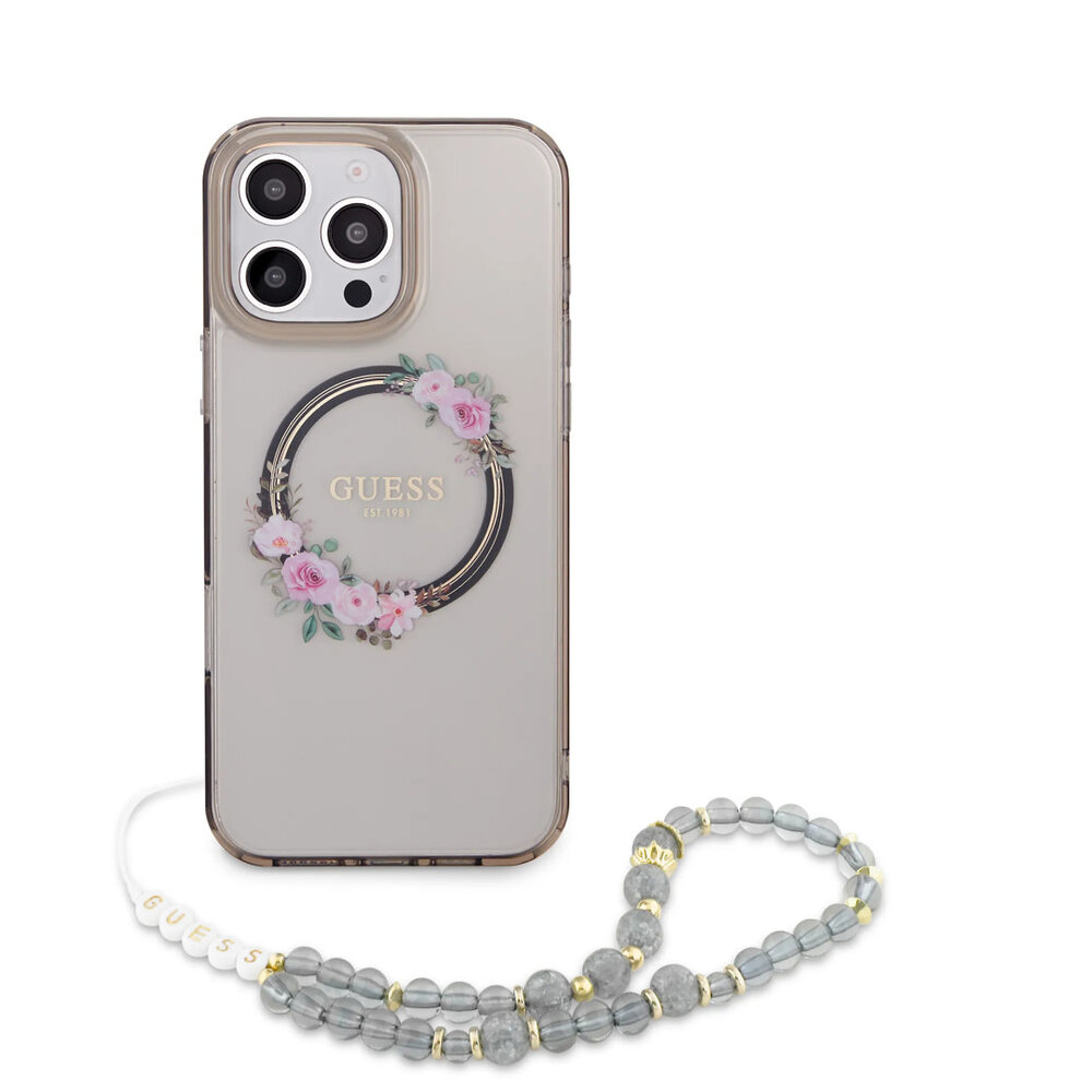 Guess Guess iPhone 16 Pro Max Back cover case - Magsafe IML - Flower Wreath Design & Pearl Strap - Black Guess Guess iPhone 16 Pro Max Back cover case - Magsafe IML - Flower Wreath Design & Pearl Strap - Black