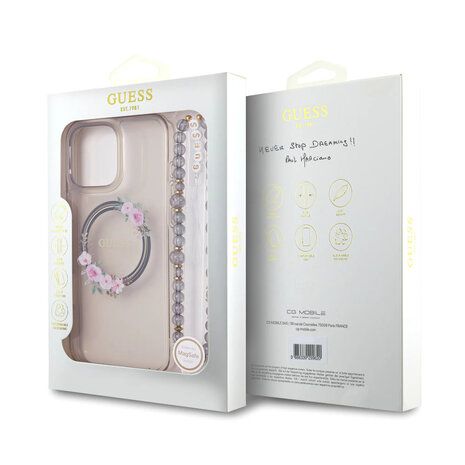 Guess Guess iPhone 16 Pro Max Back cover case - Magsafe IML - Flower Wreath Design & Pearl Strap - Black Guess Guess iPhone 16 Pro Max Back cover case - Magsafe IML - Flower Wreath Design & Pearl Strap - Black