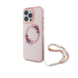 Guess Guess iPhone 16 Pro Max Backcover hoesje - Magsafe IML - Flower Wreath Design & Pearl Strap - Roze Guess Guess iPhone 16 Pro Max Backcover hoesje - Magsafe IML - Flower Wreath Design & Pearl Strap - Roze