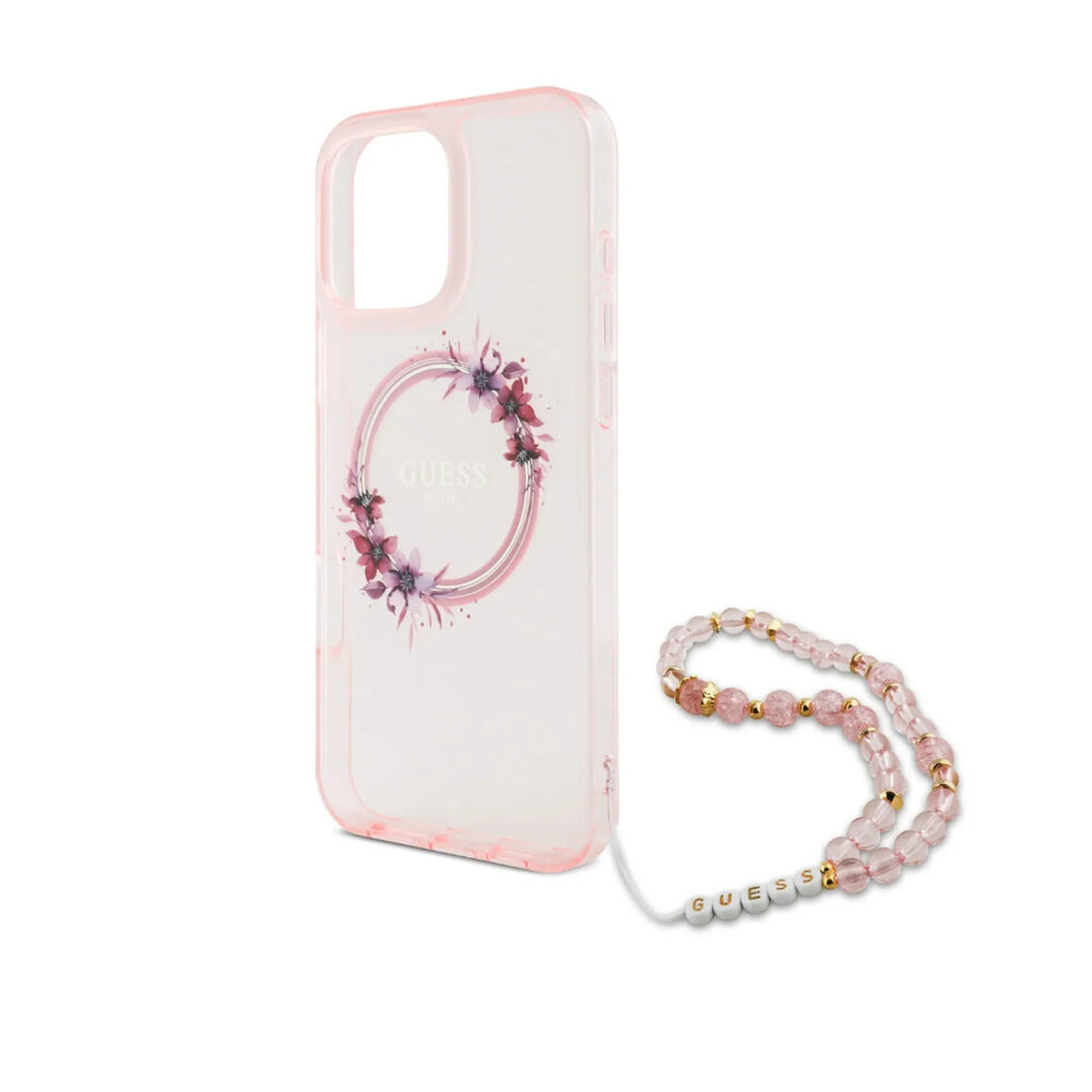 Guess Guess iPhone 16 Pro Max Back cover coque - Magsafe IML - Flower Wreath Design & Pearl Strap - Rose Guess Guess iPhone 16 Pro Max Back cover coque - Magsafe IML - Flower Wreath Design & Pearl Strap - Rose