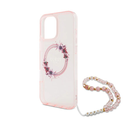 Guess Guess iPhone 16 Pro Max Back cover coque - Magsafe IML - Flower Wreath Design & Pearl Strap - Rose Guess Guess iPhone 16 Pro Max Back cover coque - Magsafe IML - Flower Wreath Design & Pearl Strap - Rose