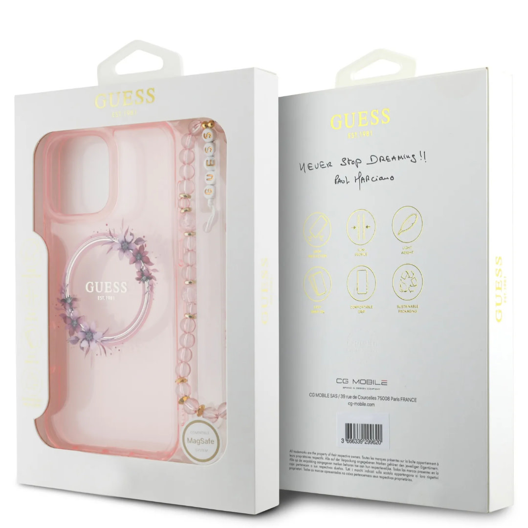 Guess Guess iPhone 16 Pro Max Backcover hoesje - Magsafe IML - Flower Wreath Design & Pearl Strap - Roze, foto 6 van 6