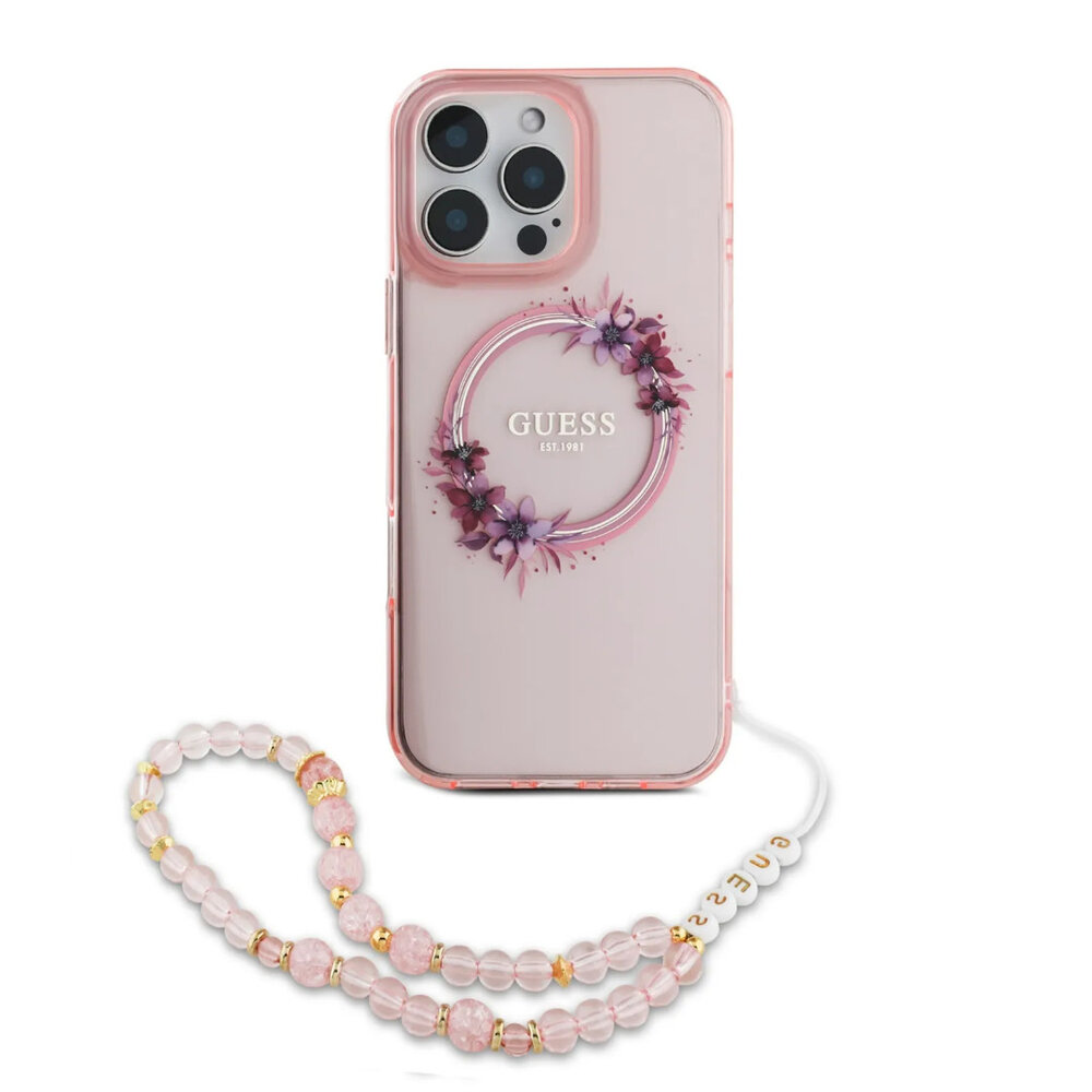 Guess Guess iPhone 16 Pro Max Back cover coque - Magsafe IML - Flower Wreath Design & Pearl Strap - Rose Guess Guess iPhone 16 Pro Max Back cover coque - Magsafe IML - Flower Wreath Design & Pearl Strap - Rose