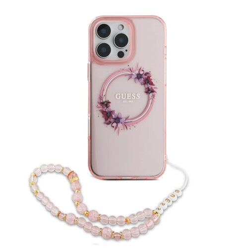 Guess Guess iPhone 16 Pro Max Back-Cover hul - Magsafe IML - Flower Wreath Design & Pearl Strap - Rosa